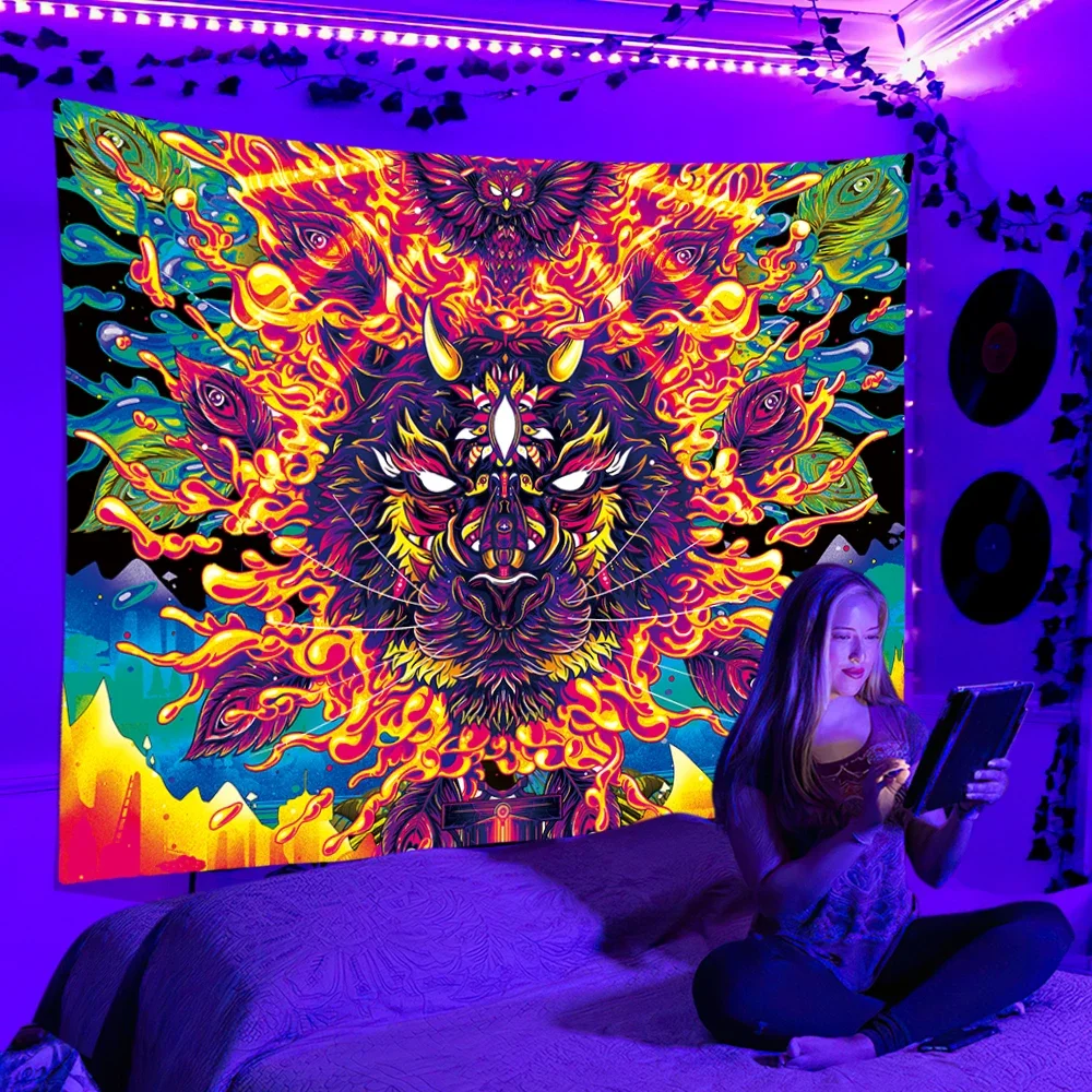 Black Light Tapestry UV Reactive Psychedelic Wall Hanging DJ Backdrop  Bedroom Dorm Separate Room Decoration