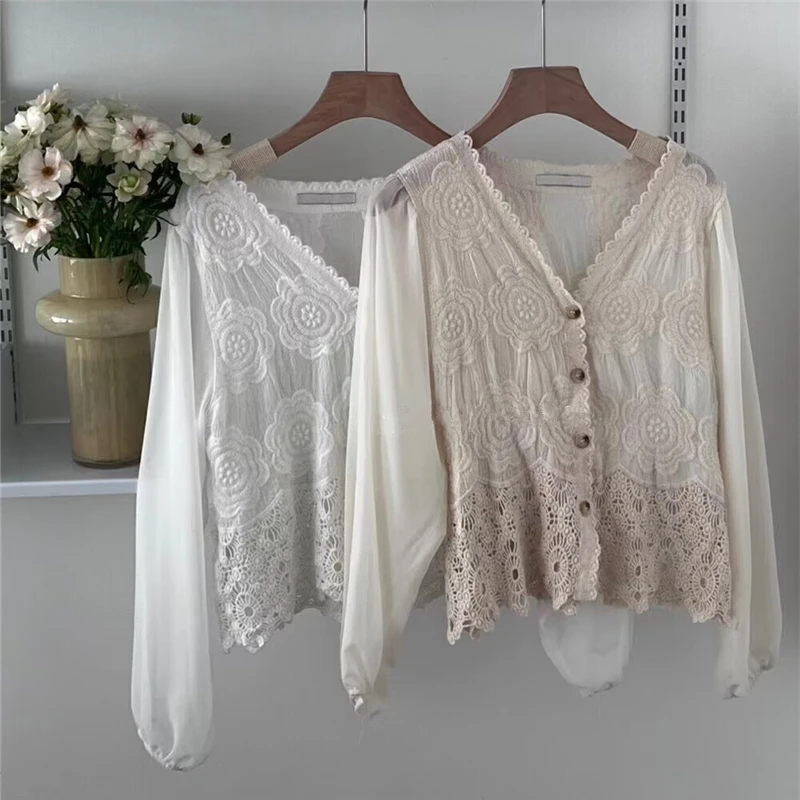 REALEFT 2024 New Lace Crochet Women\'s Blouses Spring Summer Korean V-Neck Long Sleeve Single Breated Short Shirts Female