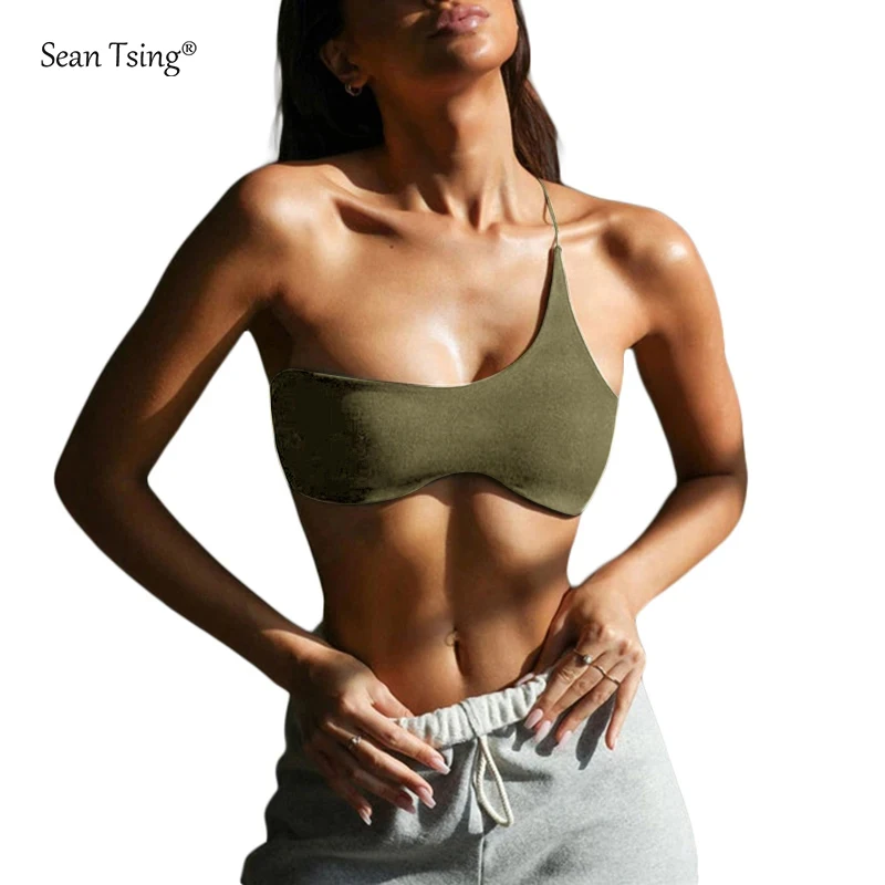 Sean Tsing® Sport Corset Crop Vests Women One-Shoulder Wrapped Chest Stretchy Camisoles Yoga Running Exercise Workout Tank Tops