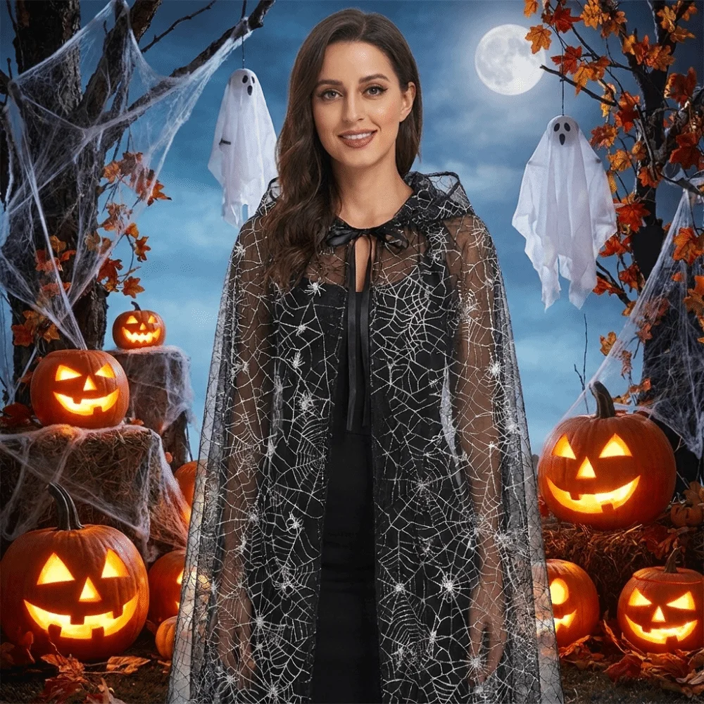 Lightweight Halloween Hooded Cape Semi-transparent Bat Spider Web Mesh Cardigan Creative Black Long Cloak Masquerade Party