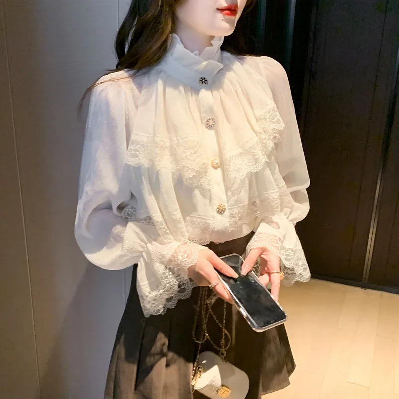 Vintage Chiffon Blouse Fashion Women Stand Collar Ruffles Shirts Woman Long Sleeve Lace Blouses Femme Tops Elegant Blusas 23057