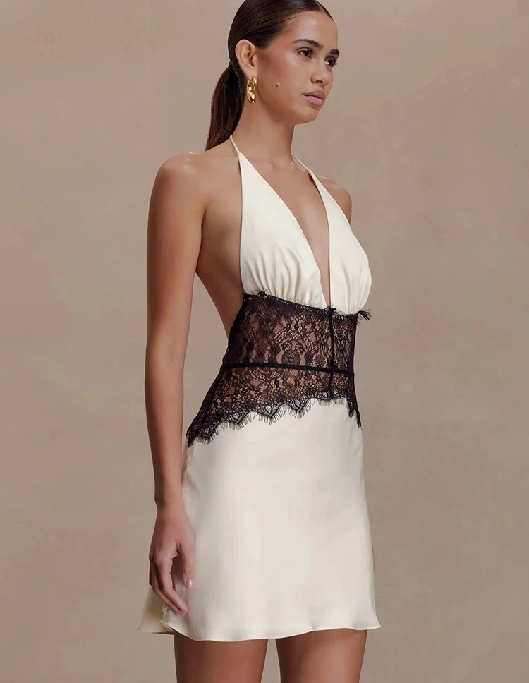 Vestido de noche de satén para mujer, minivestido de fiesta ajustado con espalda descubierta y cuello Halter de retazos de encaje, ropa de fiesta de noche de corte A