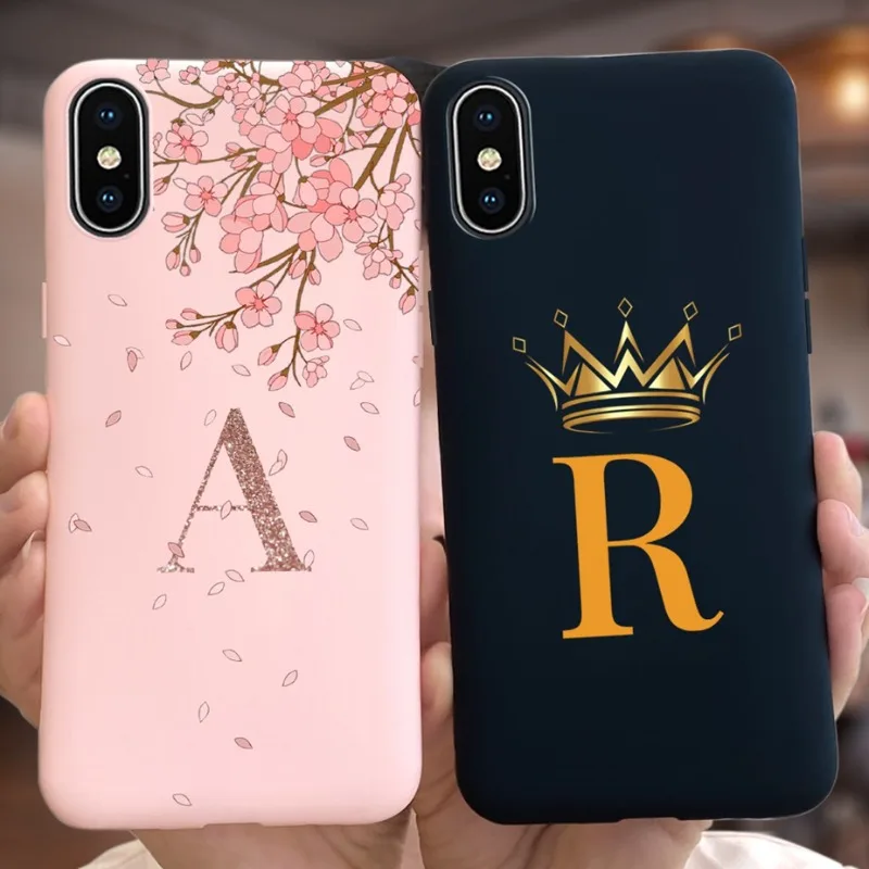 

Luxury Crown Flower Letters A-Z Phone Case For iPhone X XS XR XSMAX Shockproof Non-Slip Silicone Soft Back Cover Shell Fundas