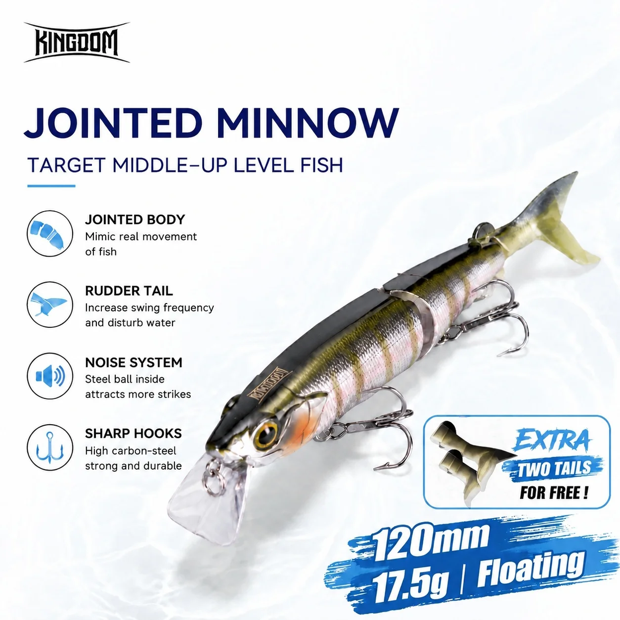 Kingdom – leurres de pêche multi-articulés, 120mm, 17.5g, flottant, méné dur, Jerkbait, truite, Wobblers, queue en T souple, Swimbait pour bar, brochet