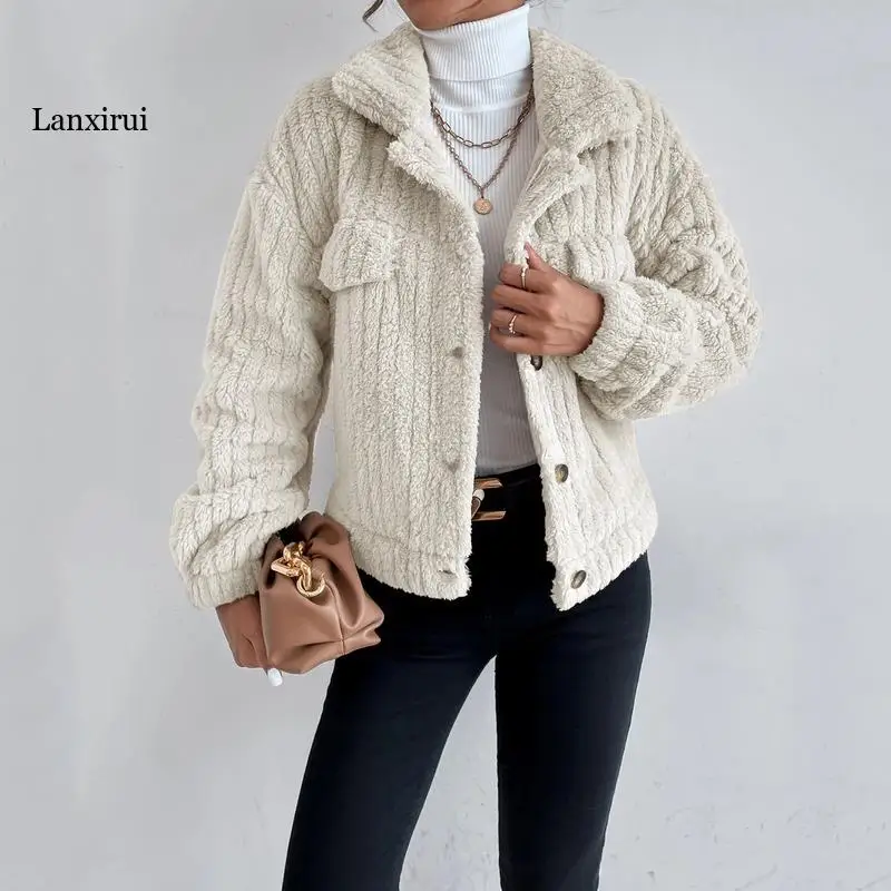 

Casual Thickening Warm Fur Coat for Winter Women Clothing 2022 New Lapel Single Breasted Pocket Long Sleeve Loose Coats