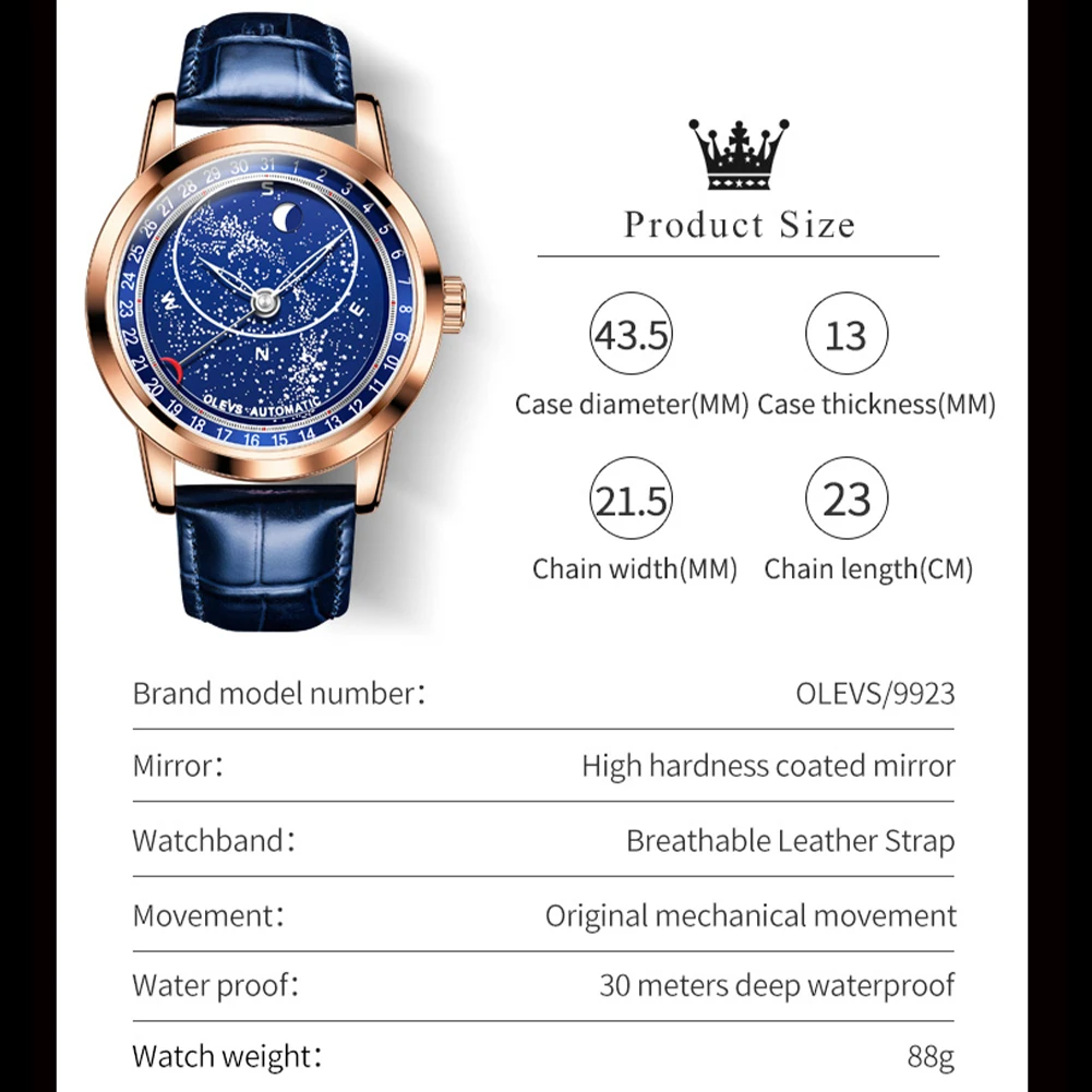 OLEVS reloj mecánico automático de fase lunar para hombre, reloj de pulsera giratorio único, segundo reloj luminoso de estrella Moonswatch, reloj de