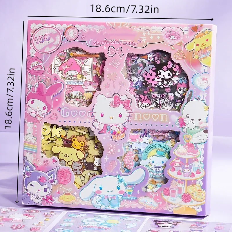 100 Pages Sanrio Sticker Hello Kitty Cinnamoroll Melody Waterproof PET Material Handbook Stickers Gift Box Cute Mug Sticker Set