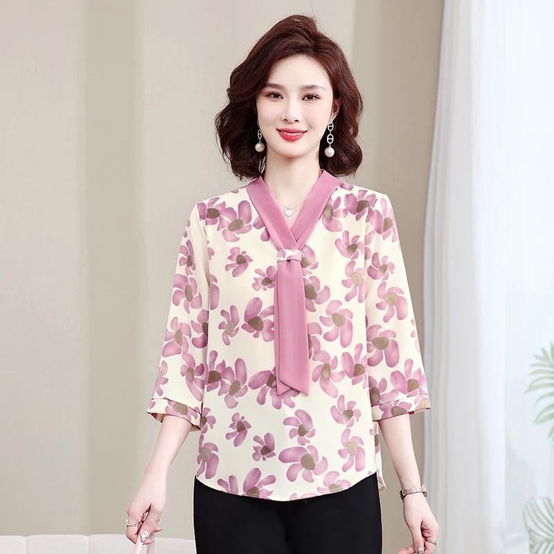 الحد الأدنى نمط مطبوعة الربيع والخريف شال طوق المرأة أزياء الأزهار فحص منتصف الأكمام فضفاضة بلوزات من الشيفون