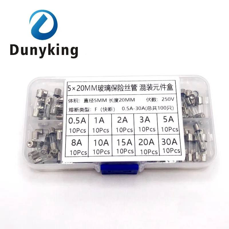 

10Kinds 100pcs 5*20 Fast-blow Glass Tube Fuses Car Glass Tube Fuses Assorted Kit 5X20 with Box fusiveis 0.1A-30A Household Fuses