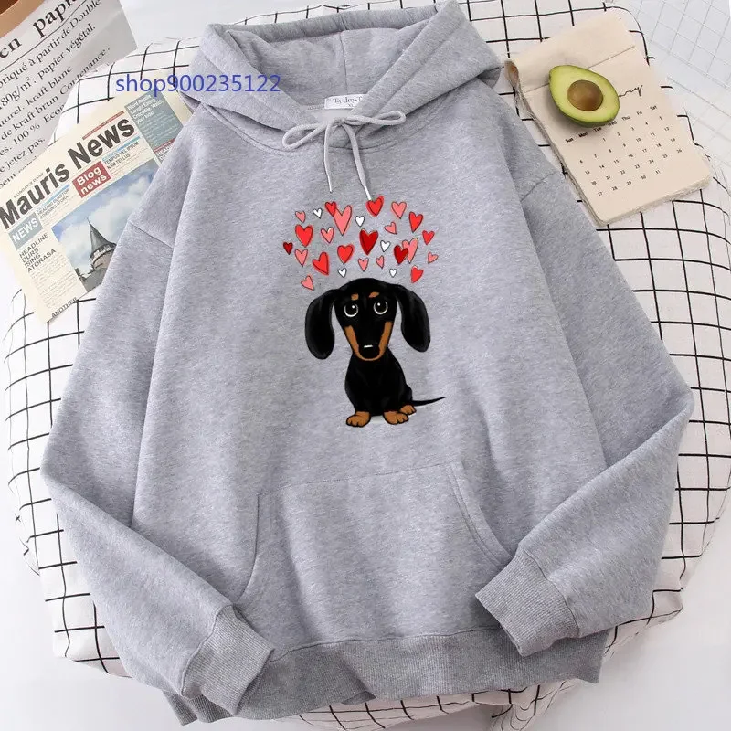 Dachshund Heart Hoodies Woman Cute Cartoon dog Hooded Oversized Unisex Hoodie Sweatshirt Casual Tops Winter Clothes Women