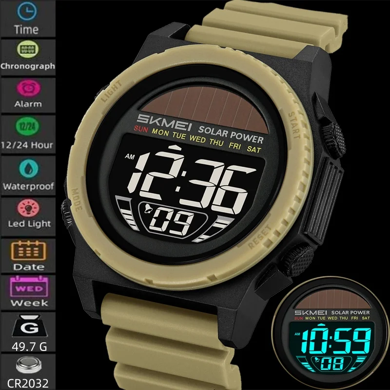 Skmei Solar Energy Digital Watches forMens LED Waterproof Swimming Chronograph TPU Strap Date Week Military Sports Wristwatch