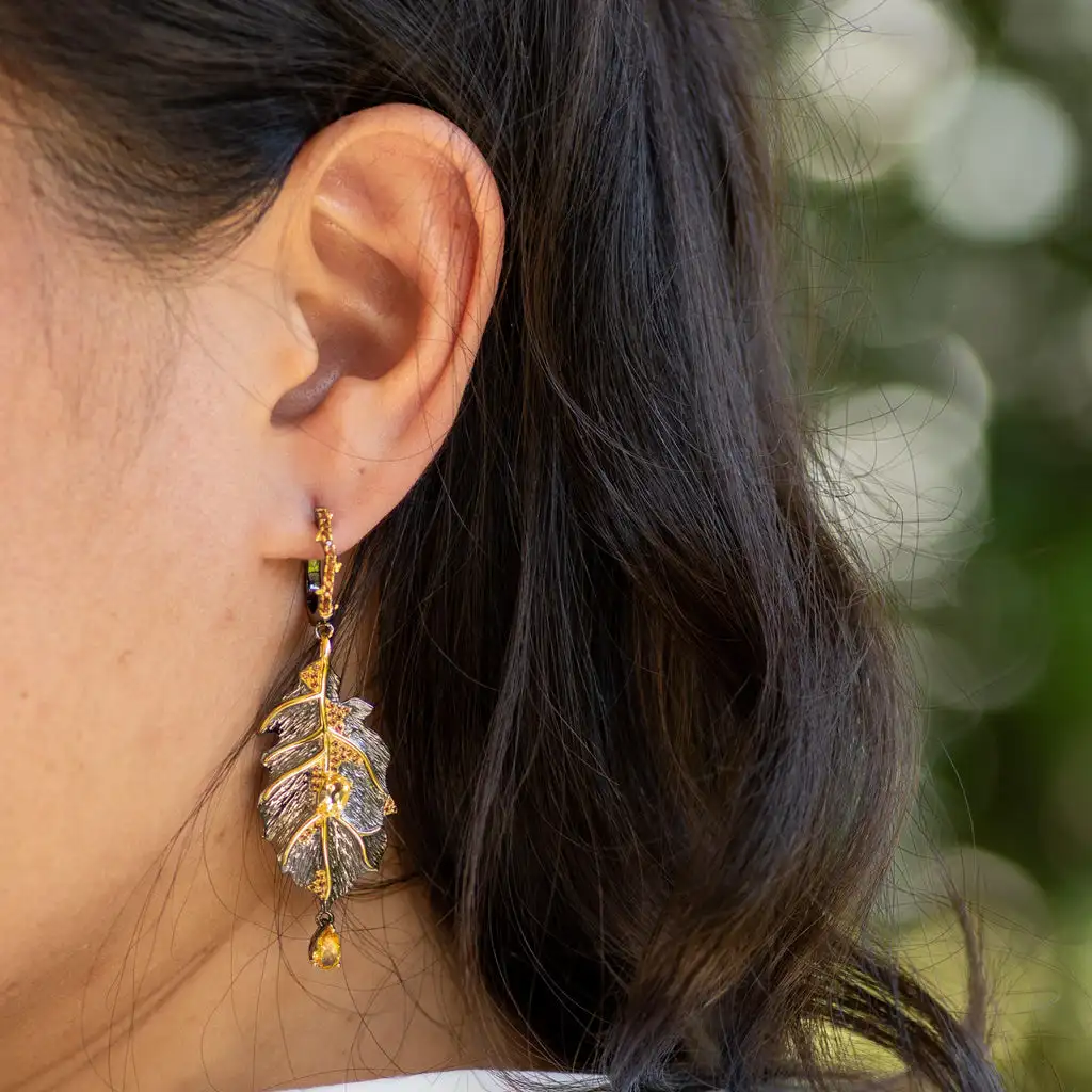 GEM\'S BALLET Georgia O\'keeffe 0.97Ct Natural Citrine 925 Sterling Silver Handmade Monstera Leaves Drop Earrings for Women Bijoux