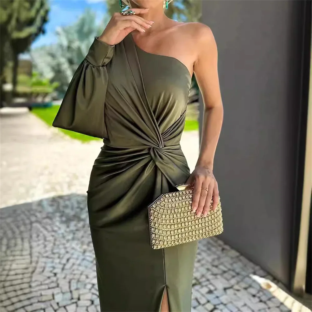 

Women Fashion Party Maxi Dress Summer Solid One Shoulder Long Sleeve Cut Out Irregular Pleated Nipped Waist Slit Dresses 2024