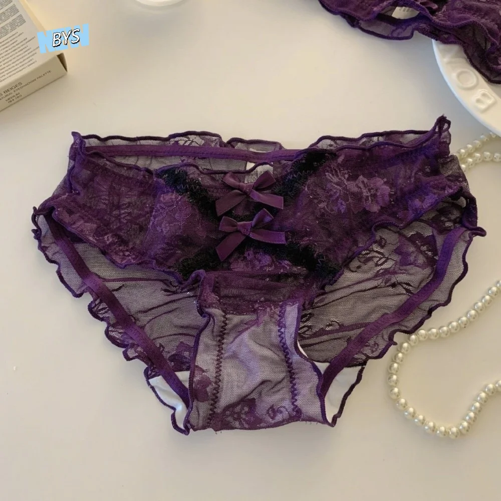 

Summer Low Waist Lace Panties Bow Transparent Underwear for Women Cotton Crotch Lingerie Lace Thin Underwear Girl
