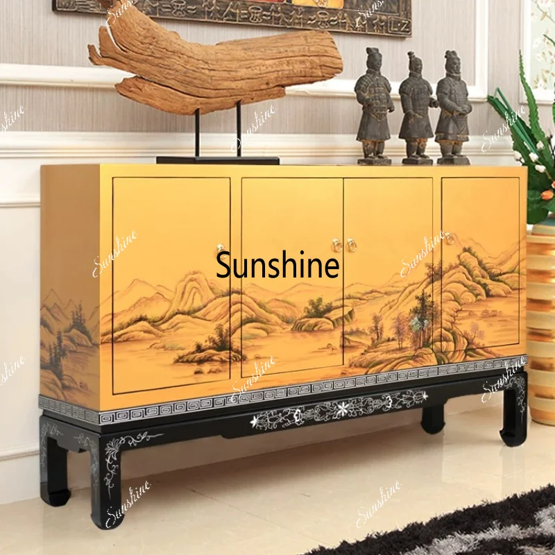 Chinese-style dining side cabinet integrated tea cabinet against the wall solid wood painted entrance cabinet
