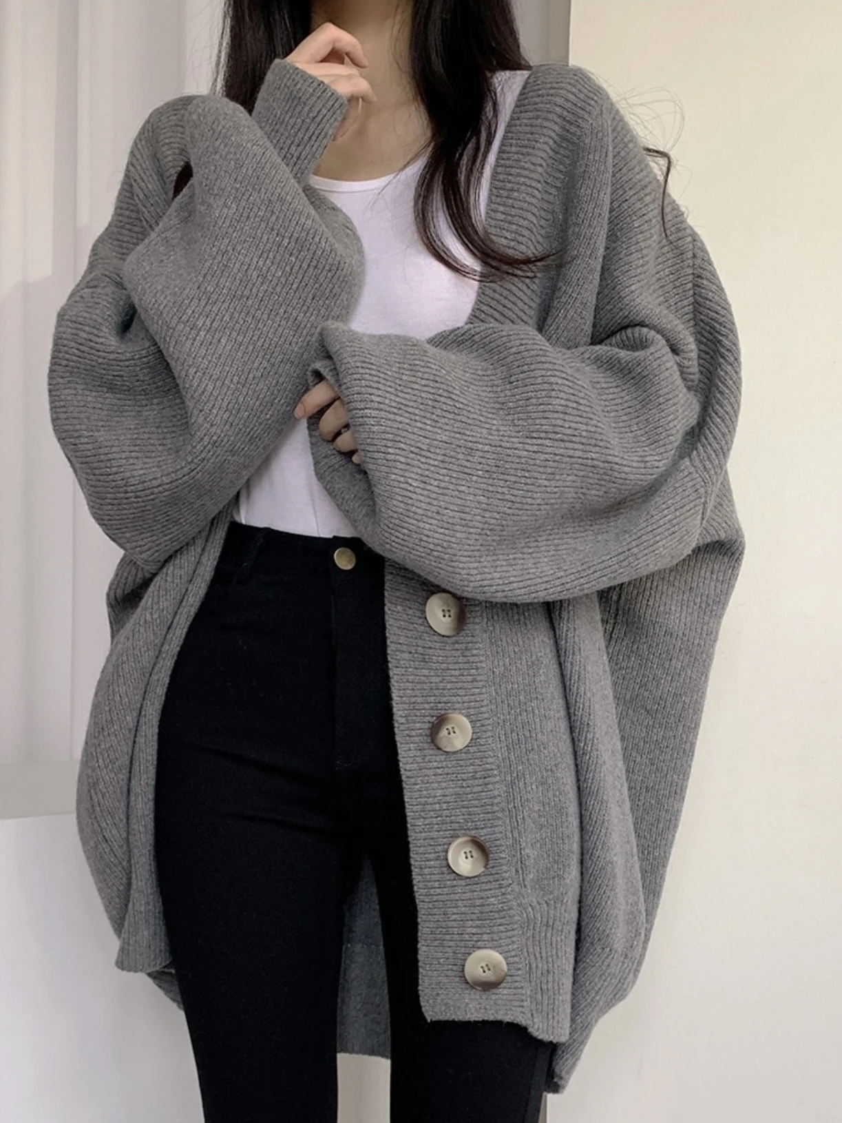 Spring Autumn  Women's Loose Lantern Sve Knitted Open Cardigan Sweater V Ne Single Button Pure Color College Lazy Sle