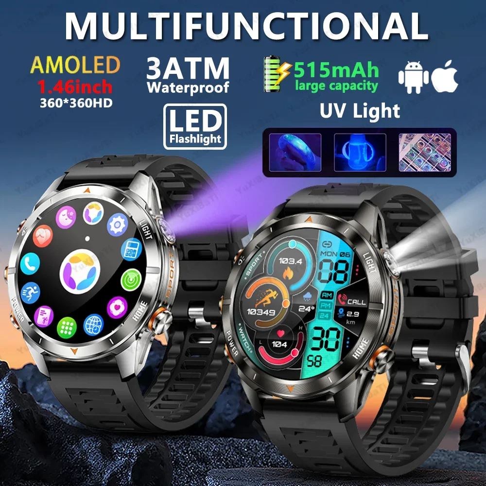 

Military Men's Smart Watch 10ATM Waterproof 1.46"AMOLED Screen LED Flashlight 515mAh Battery Heart Rate Sport BT Call Smartwatch