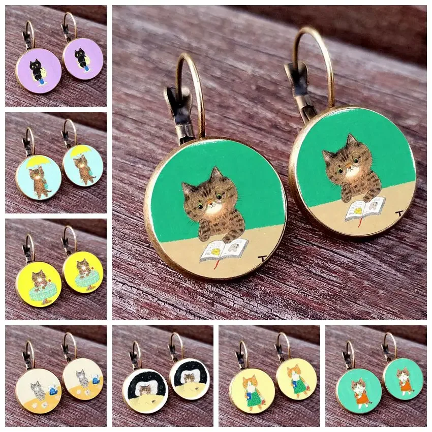 Cute Graffiti Cat Earrings，Naughty Little Cat Glass Cabochon French Hook Earrings I Love My Cat Women Earrings jewelry