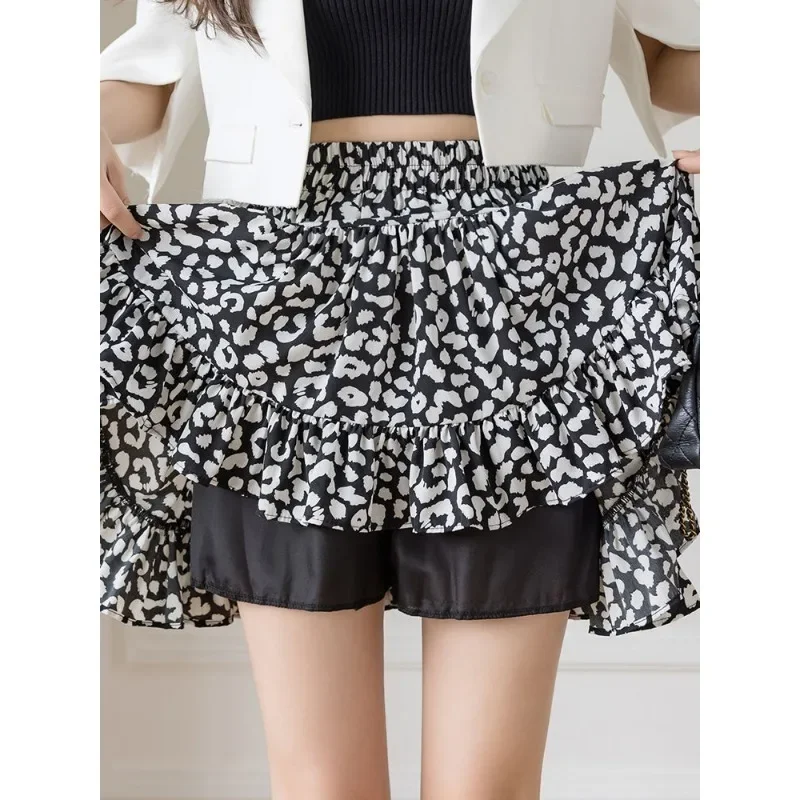 

A-line Leopard Pattern Short Dresses Fashion Girls Petticoats Chiffon Flower Half Skirts Summer Women's New Small High Waist