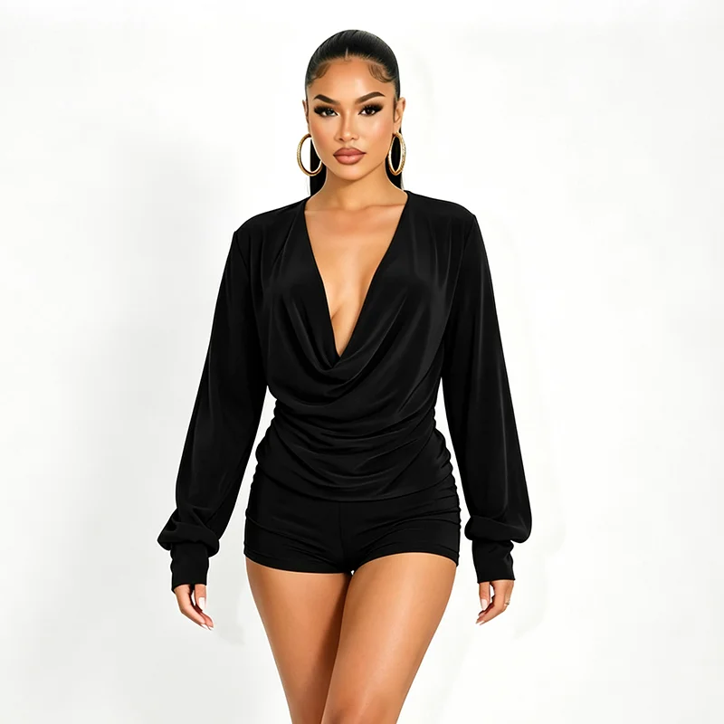 Solid color pleated deep V-neck long sleeved top paired with three part shorts set