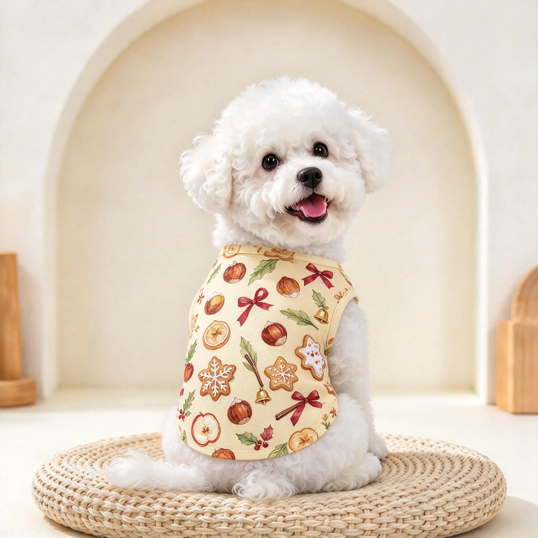 Chaleco para perros, color beige, con estampado de campanas y motivos de pan de jengibre, ligero, sin mangas, para perros pequeños y medianos, ideal para usar a diario y en ocasiones especiales.