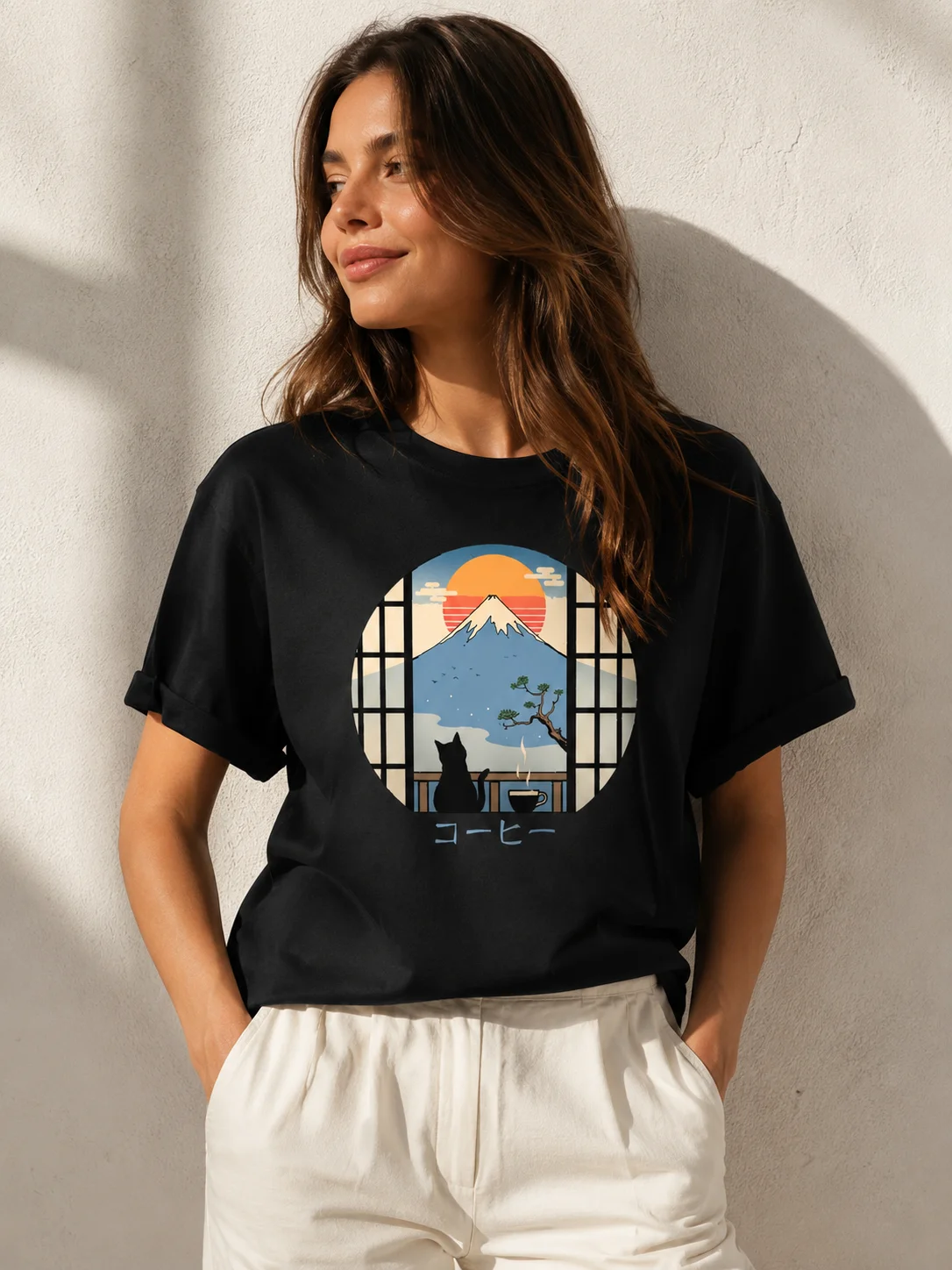 Fuji Mountain Coffee Cat T-shirt Men's and Women's Round Neck Short Sleeved T-shirt Japanese Printed T-shirt Cotton Shirt Top