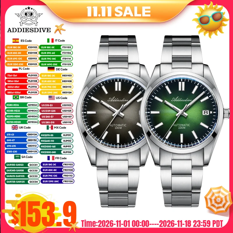 ADDIESDIVE TOP Men's Watch AD2071 Red Green Gray Sapphire Crystal 10Bar Diving Sunburst Dial NH35A Automatic Mechanical Watches