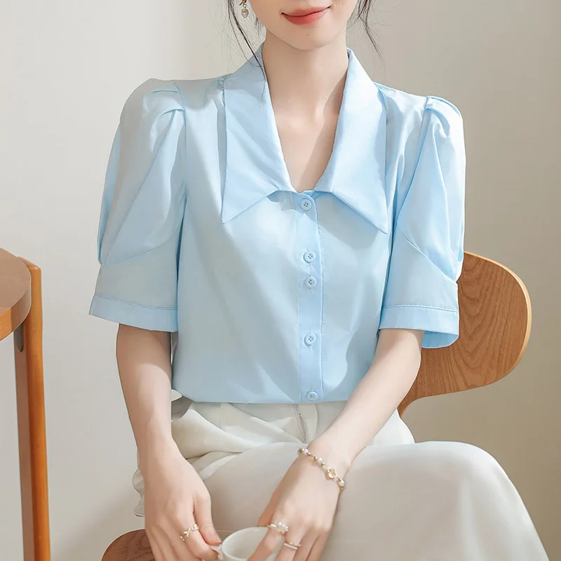 Women Clothing French Elegant Folds Shoulder Short Sleeve Shirt Summer Fashion Button All-match Chiffon Blouses Office Lady Tops