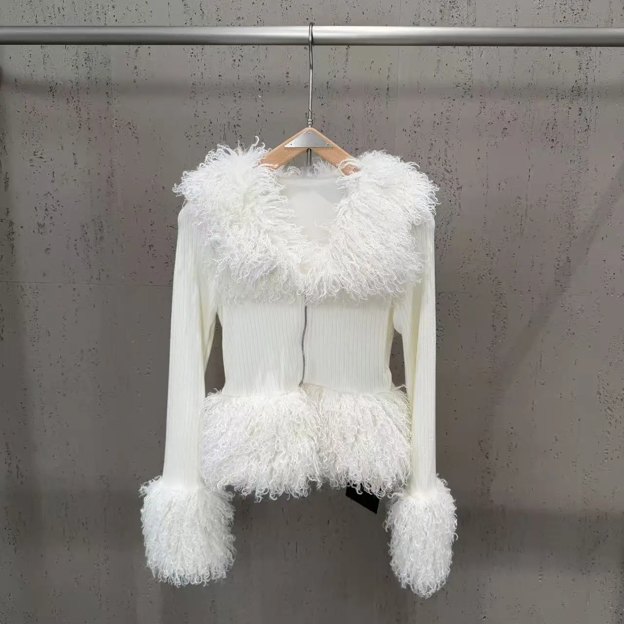 High Street Tops Women's Simulated Sheep Curly Wool Spliced Long Sleeved Zipper Knitted Cardigan with Waist Tied Furry Jacket