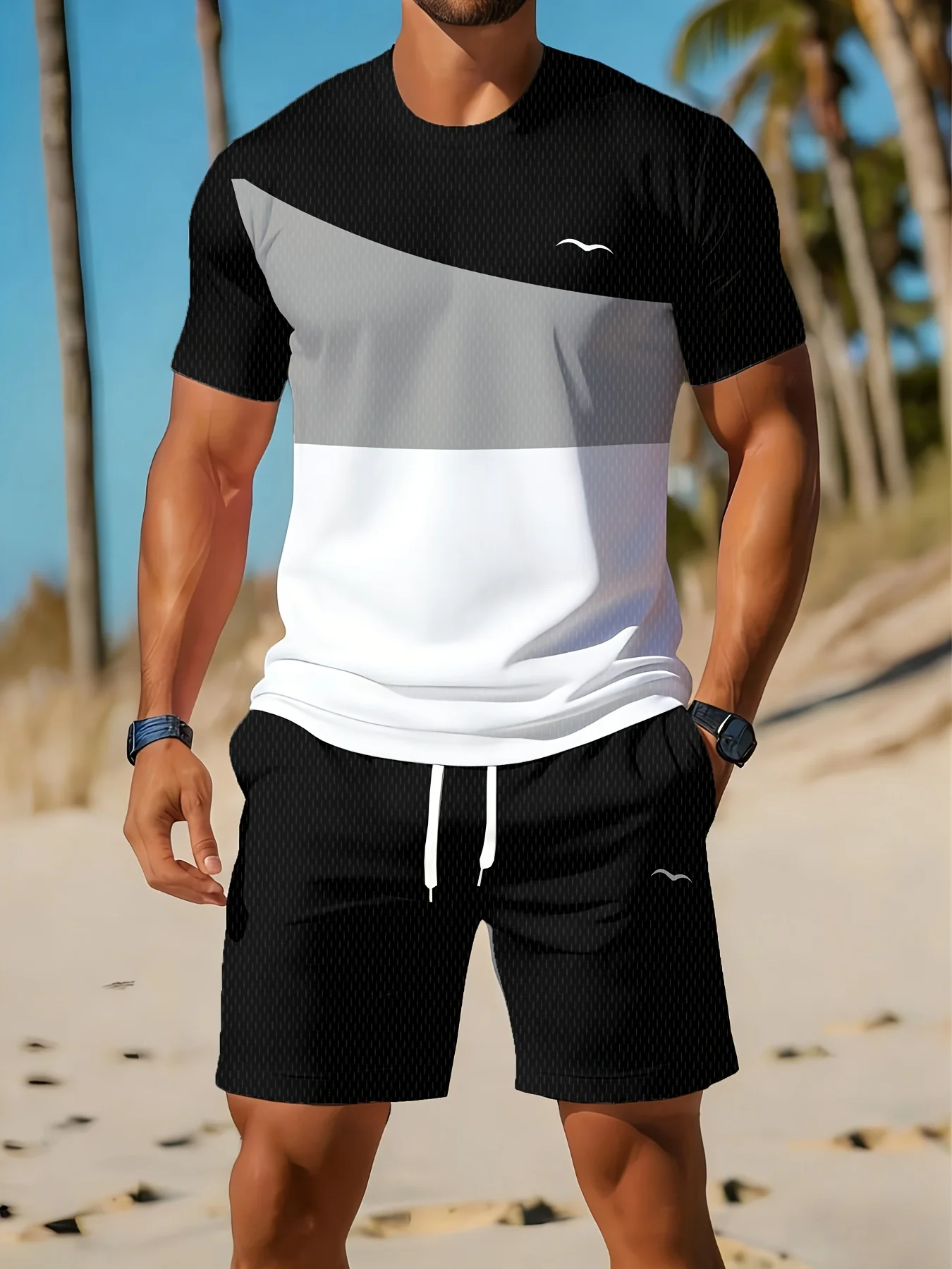 Ensemble de t-shirts pour hommes à imprimé patchwork irrégulier tricolore, ensemble décontracté d'été pour l'extérieur, col rond, manches courtes, ensemble de sport pour hommes