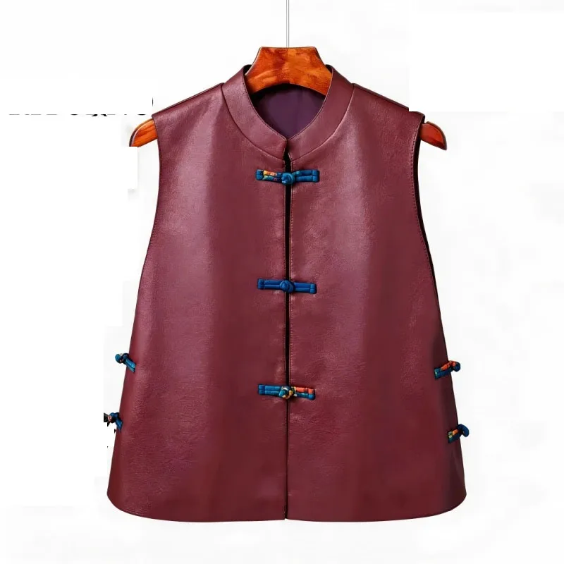 Chinese Style Leather Vest Waistcoat Jacket Women's Leather Coat Spring Autumn Colorful Buttons Sleeveless Leather Outerwear