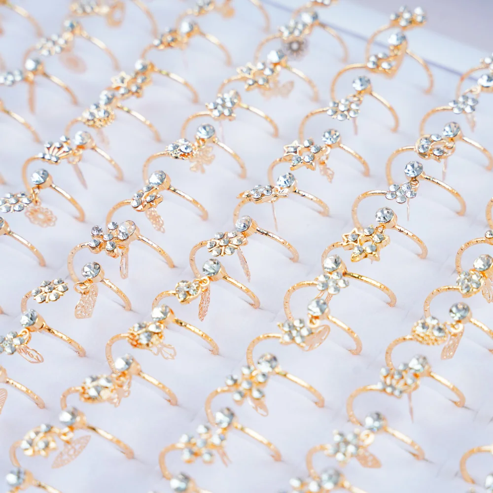 10Pcs/Lot New Korean Fashion Flower Rhinestone Adjustable Rings For Women Girl Sweet Finger Jewelry Mixed Style Accessories Gift