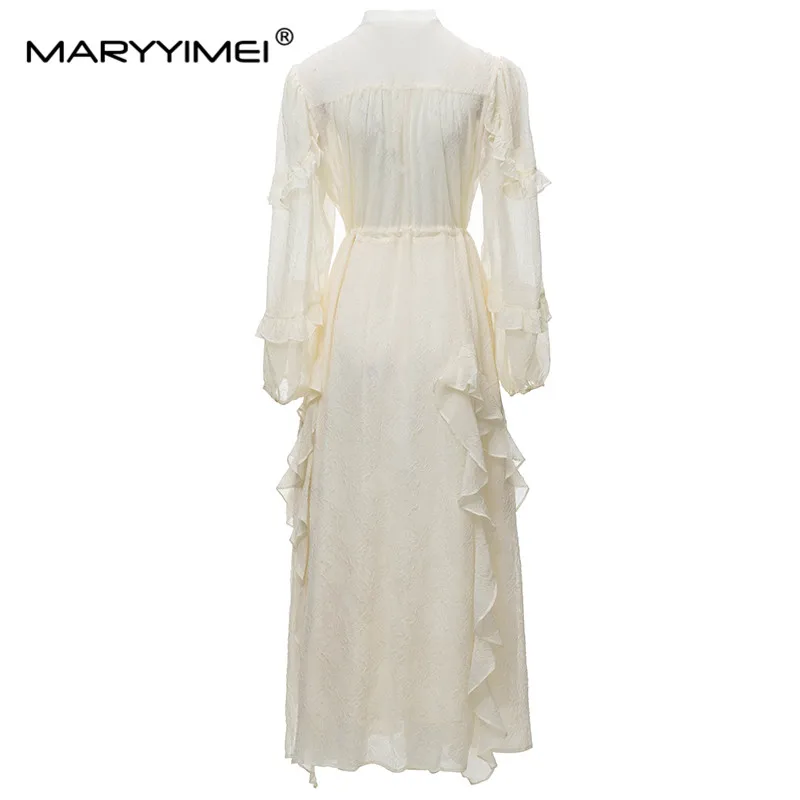 MARYYIMEI New Fashion Runway Designer Women\'s Clothing Stand-up Collar Lantern Sleeve Ruffled Patchwork Pleated Flower Dress