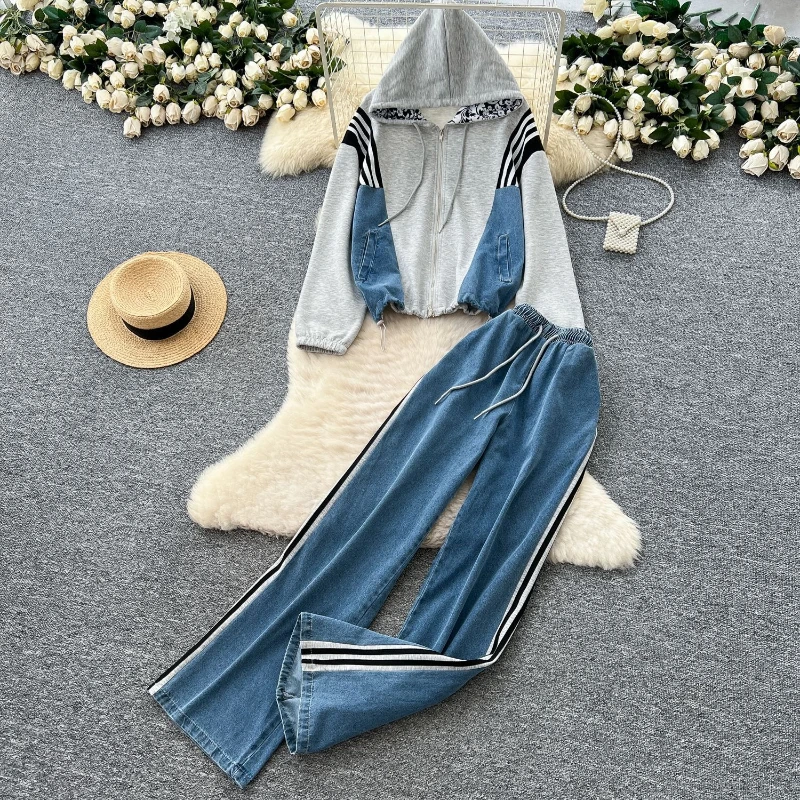 Mode bedrukte slim fit denim jasje met capuchon, casual hoge taille, gestreepte wijde pijpen broek, tweedelige set voor dames herfst 2025,