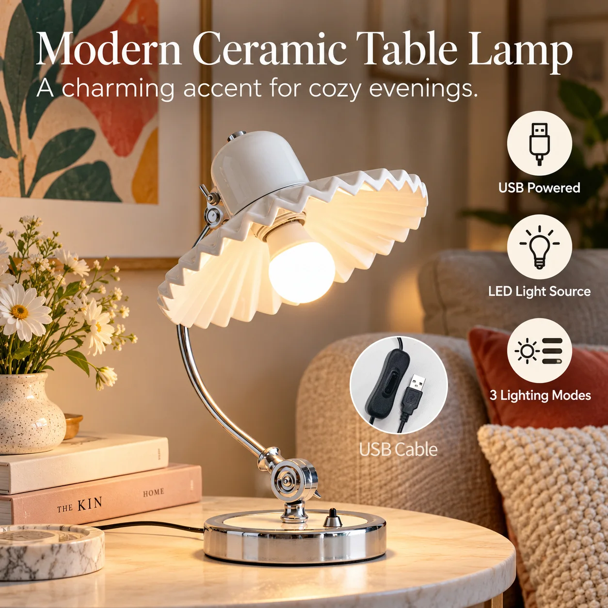 Modern Italian Ceramic Table Lamp USB Powered 3 Color Modes Desk Light Adjustable Arm for Bedroom Study Living Room Home Decor