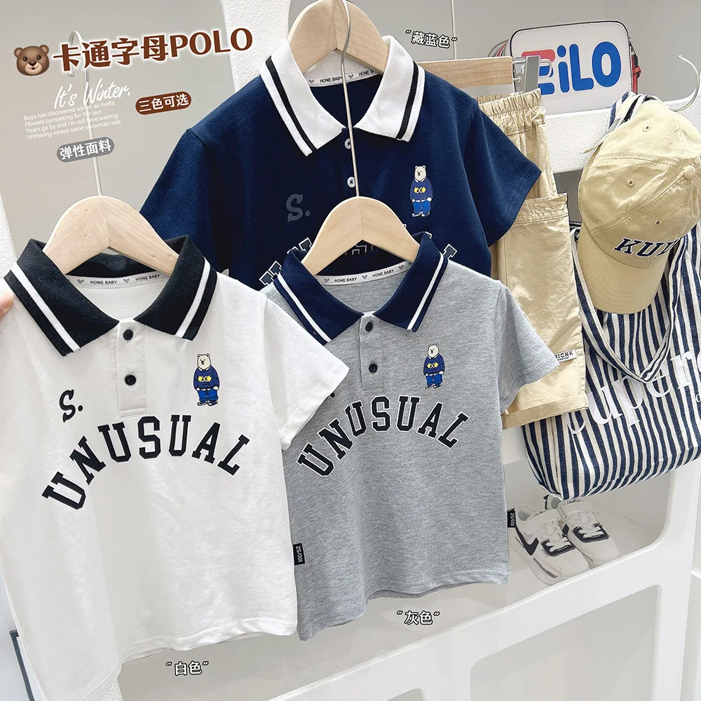 

2024 summer, new children's short-sleeved POLO shirts, young children's cartoon letter lapel T-shirts, boys' cartoon tops