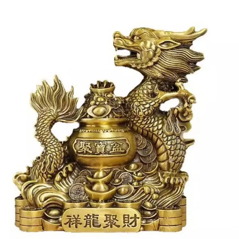 Brass auspicious dragon figurine for wealth accumulation, living room decoration, copper dragon and phoenix crafts, copper ornam