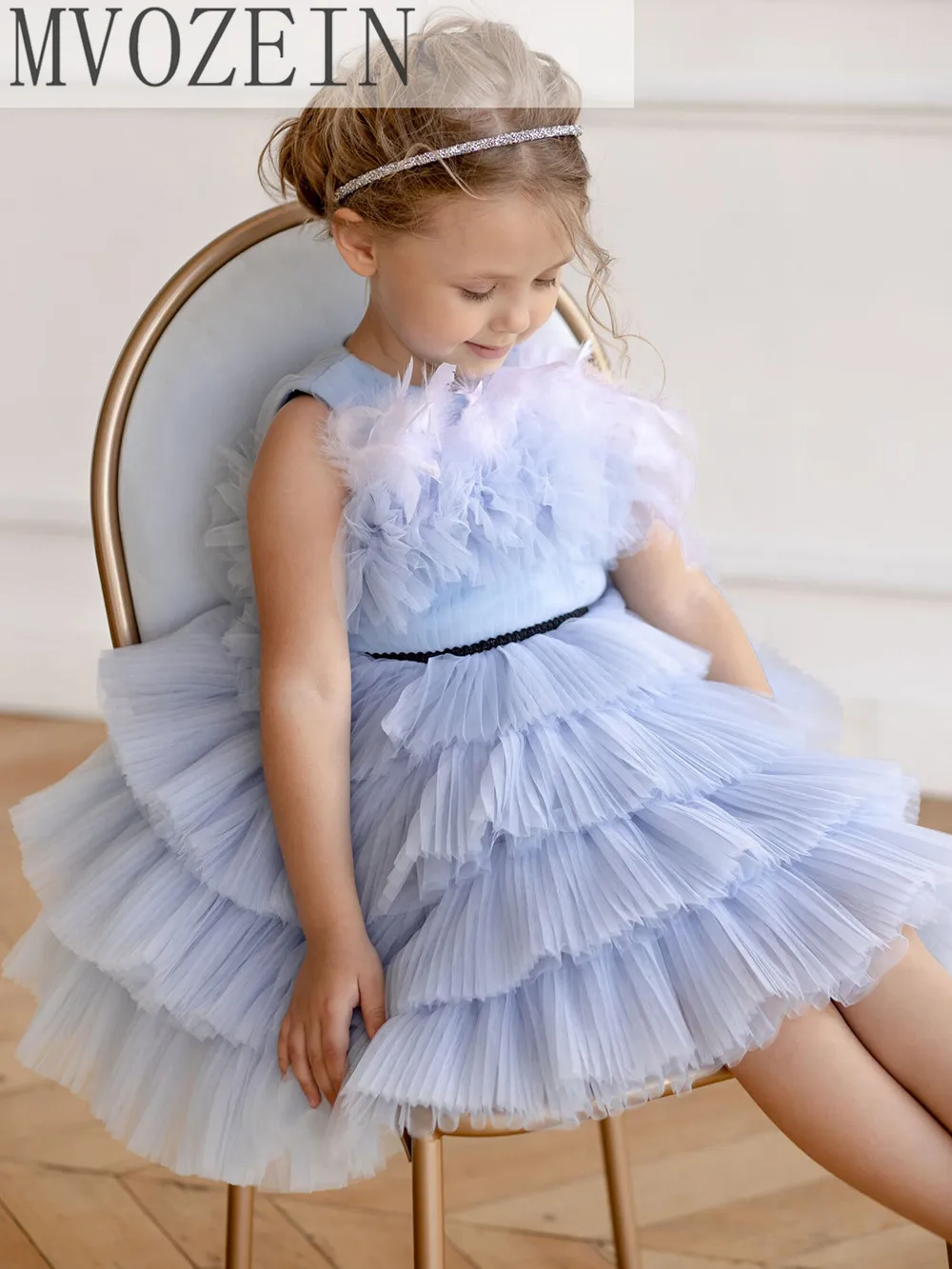 Mvozein Puffy Layers Girl Dress Blue Flower Girl Dress Kid Birthday Dress Wedding Party Dress Princess Dress Vestido Robe