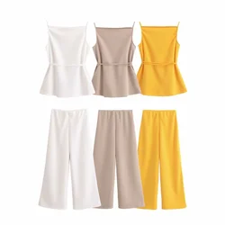 TRAF Autumn New Product Women's Fashion Belt Decoration Sleeveless Solid Color Tank Top Loose High Waist Wide Leg Pants Set