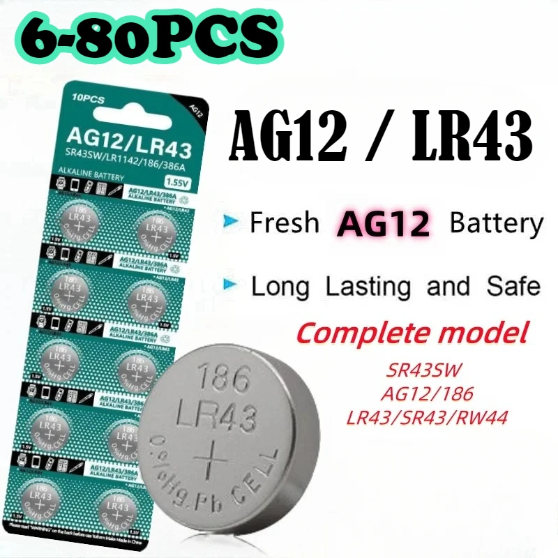 6-80Pcs AG12 Button Battery LR43 1.5V Alkalinity Batteries 301 386 L1142 Environmental Protection for Watch Battery Remote