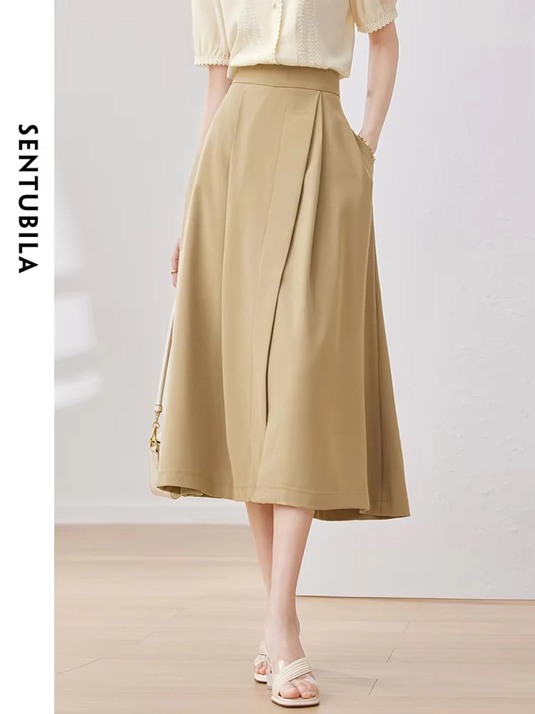 SENTUBILA A Line Deep Split Midi Skirts for Women 2024 Elegant Fashion Khaki Fake Wrap Swing Umbrella Summer Skirt Ladies