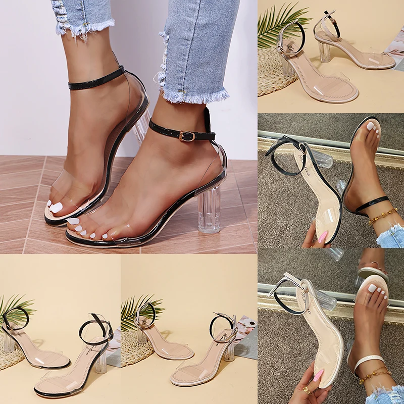 One-Line Buckle Banquet High-Heeled Sandals 2024 Summer New Fashion Open-Toe Thick Heel Transparent Crystal Sandals