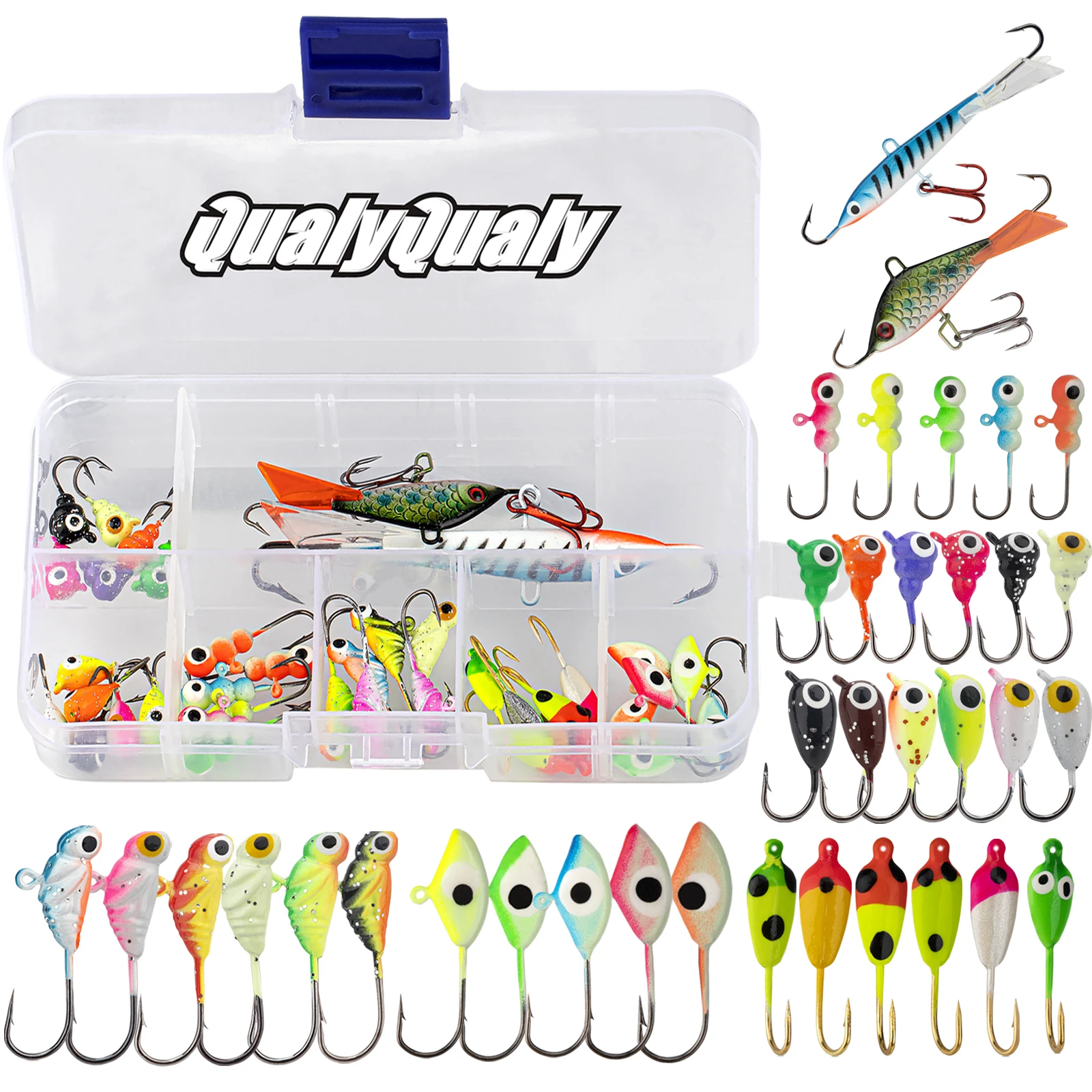 

Qualy 38pcs Winter Ice Fishing Lures Kit 1.1g-10g Jigs Hard Bait For Crappie Bass Panfish Luminous Metal Artificial Baits Hooks