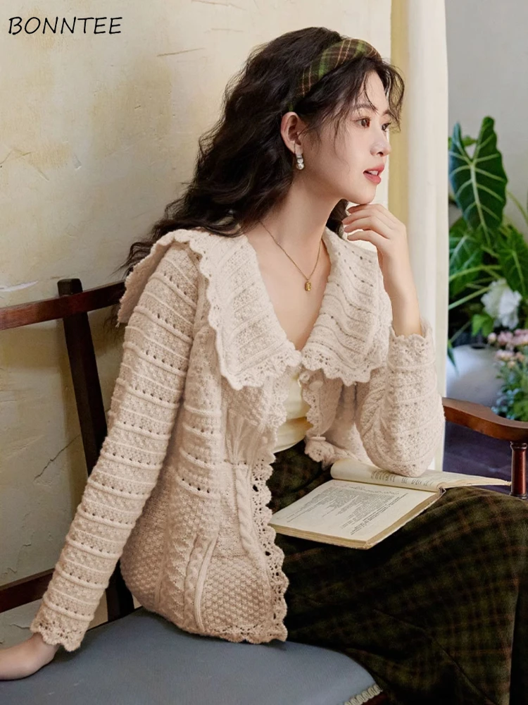 

Женские кардиганы в ленивом стиле, нежные мешковатые вязаные кардиганы с воротником Питера Пэна, верхняя одежда, милый французский шик, мягкий новый кардиган Женский