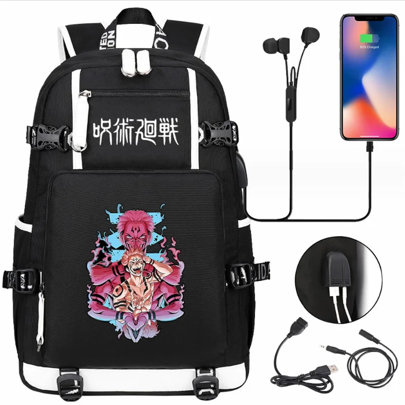 

Jujutsu Kaisen Print Backpacks Ruskback Teenarges Schoolbag Boys Girls Causal USB Charge Port Laptop Outdoor Bags Black Mochila