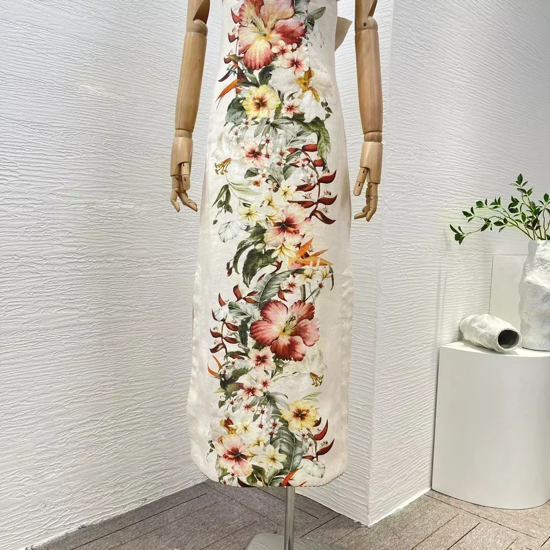 Self Bow Tie Back Lace-up 2024 Graceful High Quality Linen New Flowers Printing Sleeveless Beige Women Casual Midi Dress