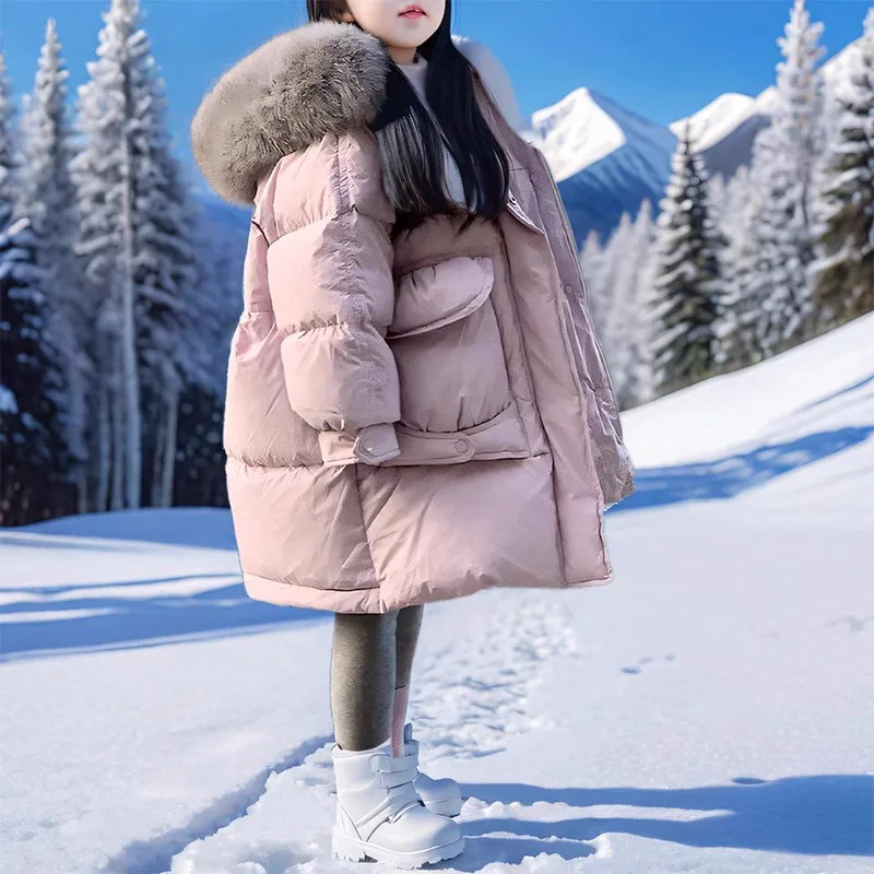 

Winter Warm Girls Long Plain Faux Fur Hooded Zip Puffer Jackets School Kids Thick Snow Coat Children Outfit Windbreaker 3-14 Yr
