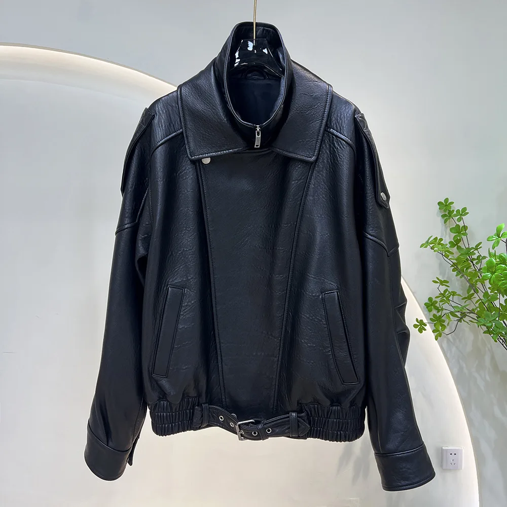 Sheepskin Motorcycle Jacket Genuine Leather Jacket Silhouette with Sheepleg Sleeves Retro Loose Jacket