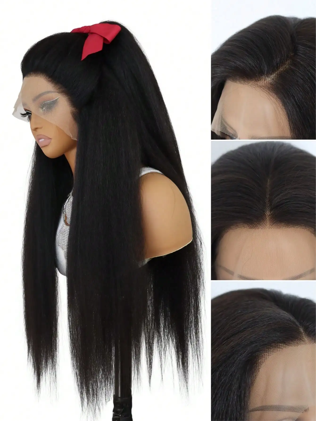 Perruque Lace Front Wig synthétique Yaki longue et douce, cheveux crépus lisses, noir naturel, 13x4, densité 180, sans colle, pour femmes