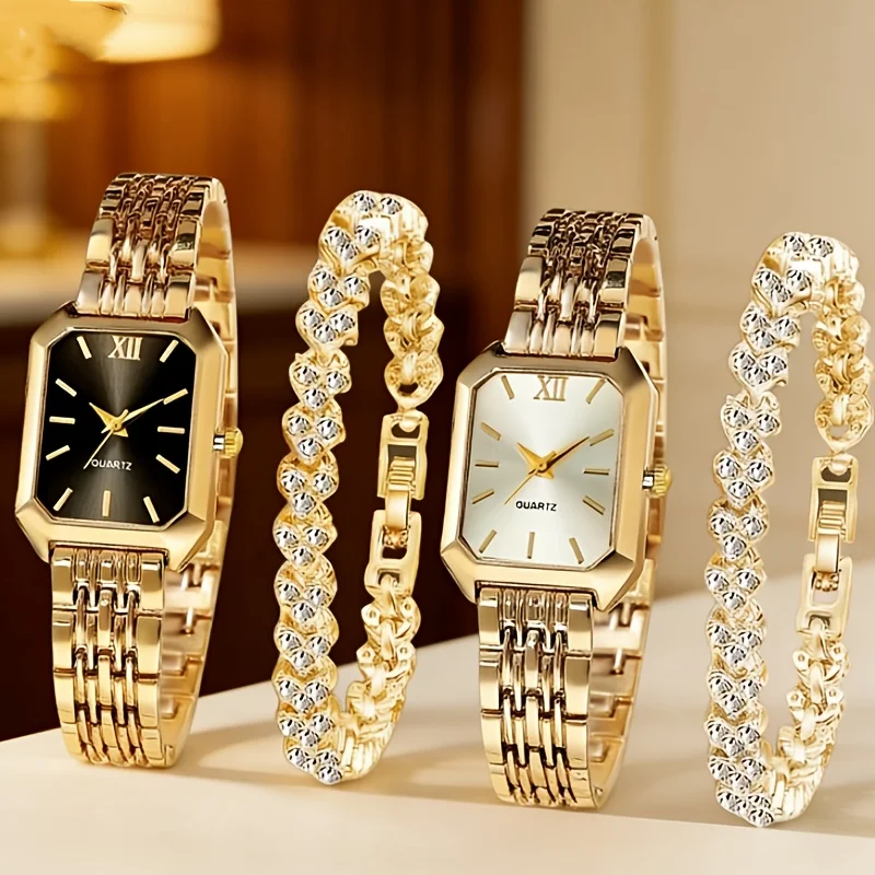 4PCS Elegant Rectangle Women Watches Bracelets Set  Fashion Heart Chain With Quartz Watch Reloj Mujer Girls Clock（Without Box）